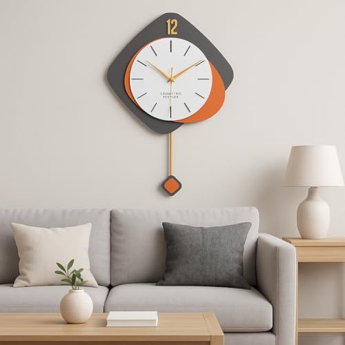 JRose Collections Modern Wall Clock with Pendulum 40x36cm – Silent Quartz Sweep Movement, Geometric Design in Grey & Orange with Gold Accents, Decorative Living Room & Office Wall Clock JR5153