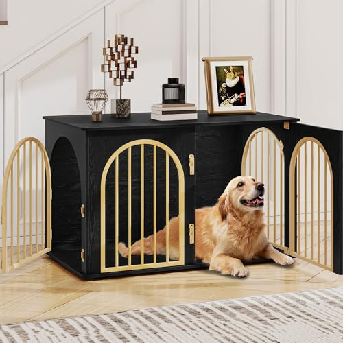 Hzuaneri hundburs möbler, 100 cm hundbur, 3 dörrar, välvd dörr, modern inomhushundbur för hundar, sidobord, hundbur för hemmet, kraftig hundburs, 60 x 100 x 63 cm, Svart Guld