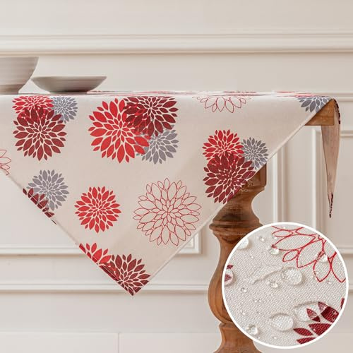 Vorysum Tischdecke Modern Blumen Rot Dahlien Tischwäsche Wasserabweisend Leinen，Dekoration Tischläufer Outdoor Sommer Garten für Hochzeit Esszimmer Party Urlaub Dekor 100 x 100cm