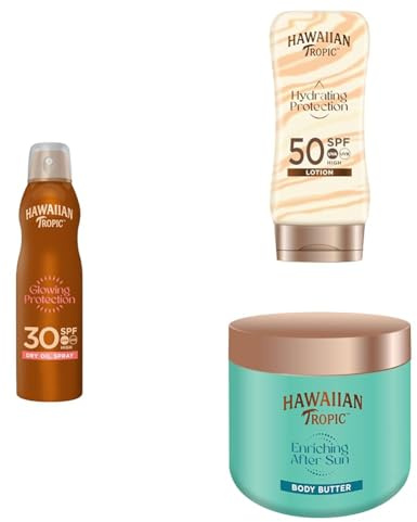 Hawaiian Tropic Can Spray Oil SPF 30, Lozione Solare Hydrating Protection SPF 50, Body Butter Doposole - 180ml + 180ml + 250ml