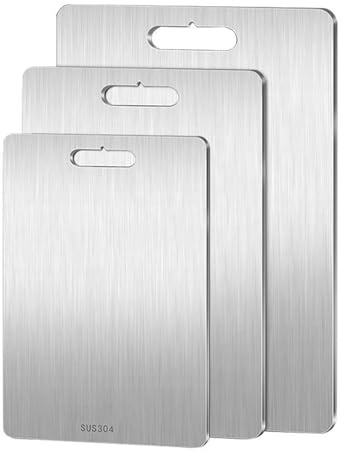 Juego de 3 tablas de cortar de titanio – Juego de tablas de cortar de acero inoxidable para cocina, tablas grandes de cortar de carne para colgar en el hogar, cocina, cocinar al aire libre