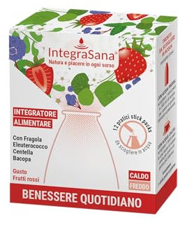 Integrasana - Tisana solubile, Gusto Frutti Rossi, Confezioni da 12 stick da sciogliere in acqua fredda o calda, Sostiene le Funzioni cognitive e il Benessere mentale
