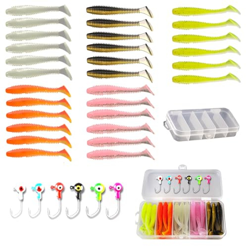 Xiciki Set med 37 st fiskedrag med mjuka plastbeten med jigghuvuden, med locklåda, jigghuvuden för fiskedrag, elastisk bete för havsfiske, lätt att fånga bete för bas, öring, crappie fiskedrag