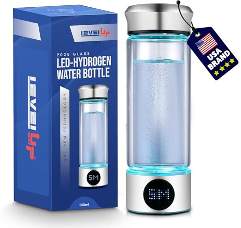 LevelUpWay 2025 - Generador de botella de agua de hidrógeno de vidrio mejorado - Tecnología SPE/PEM - Pantalla LED - Hasta 3000 PPB - 300 ml - Hidratación premium para bienestar