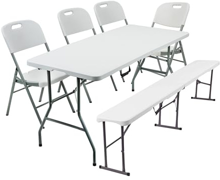Crystals 6FT Folding Table and Bench Set with 6FT Foldable Bench and 4 White Folding Chairs - Durable Plastic Set for Indoor/Outdoor Use, Camping, BBQs, Kitchen, Desk, and Multi-Purpose Seating