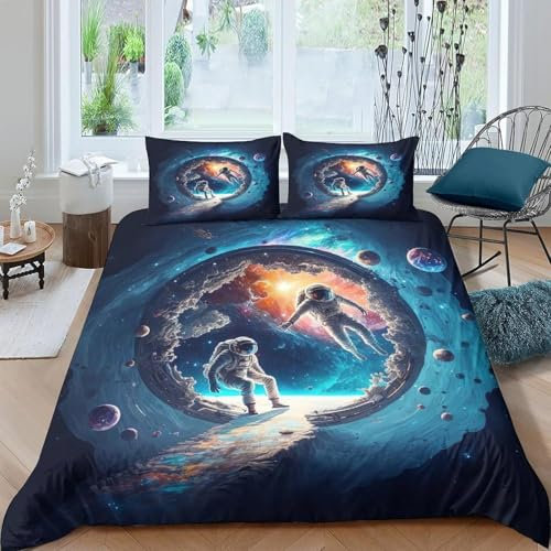 Kinder Bettwäsche Bettbezug Set 3D Druck Astronauten-Weltraum 3 Teilig 135X200 Cm Mikrofaser Bettwäsche Set Mit Reißverschluss Und 2 Kissenbezug - Anti-Allergie Anti-Fading Pflegeleich -11152282097445