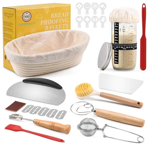 Clheatky Cestino Pane Lievitazione 11-pezzi, Set Lievitazione Pane Rattan 25cm Ovale, Kit Completo di Lievito Madre, Grande Regalo per Principianti, Panettiere Esperto
