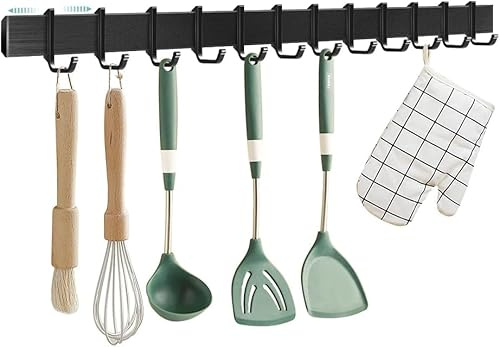 Poprkdre Hakenleiste Küche 58cm, Küchenhalterung ohne Bohren mit 12 abnehmbaren Haken, Aluminium küche Hakenleiste, Matte Oberfläche, Schwarz