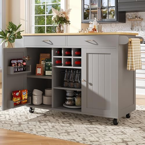 Merax Kücheninsel mit Arbeitsplatte, beweglicher Küchenwagen mit 2 Türen, 2 Schubladen, Lagerraum für Weinflaschen, Handtuchregale an der Seite, 102×45×92cm/Grau