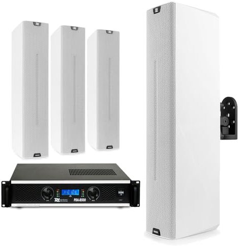 Power Dynamics White Column Speaker System with PDA-B500 Stereo Power Amplifier & Speaker Cable - Commercial Audio System for Pub, Restaurant, Retail, Event & Venue Use (260W)