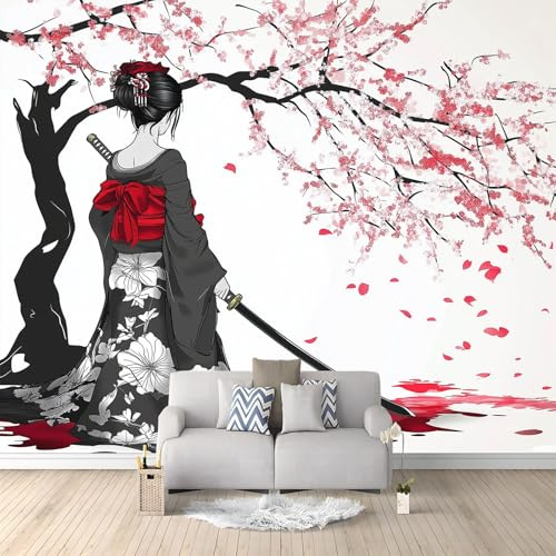 Carta da parati fotografica a tema anime, per camera da letto, sfondo TV, carta da parati 250 x 175 cm (larghezza x altezza), geisha giapponese, spada e fiori di ciliegio, per la casa, la camera dei