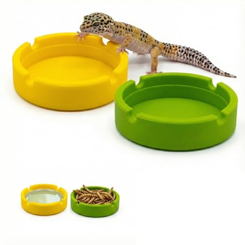 2-Pack Silicone Reptile Food and Water Bowl, Crested Gecko Tank Accessories, Eudimysx Soft Unbreakable Dish for Leopard Gecko & Hermit Crab, Shallow Low Profile & Easy to Clean (Yellow & Green)