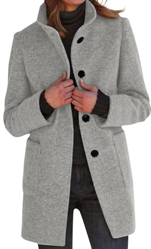 Wollmantel Damen Winter Mantel Lang Wintermantel Elegante Damenmantel Casual Tweed Übergangsjacke Einfarbig Freizeitjacke Stehkragen Jacke Mit Knöpfen Winterjacke Frauen Mit Taschen Wolljacke