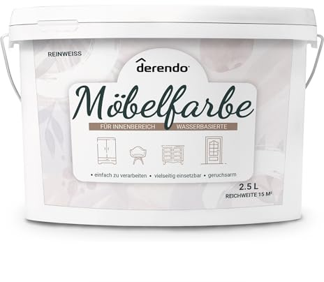 derendo Möbelfarbe Holzfarbe weiß für Innen – Ohne Schleifen, Kratzfest & Hochdeckend – Wasserbasierter Lack für Möbel, Türen & Küchen – Emissionsarm & Pflegeleicht Reinweiss, 2,5 Liter