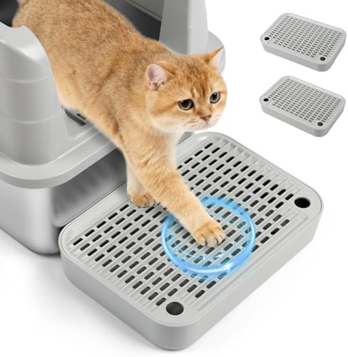 Kalolary 2 Pezzi Rampe per Lettiera Gatti con Coperchio a Rete Rimovibile – Sistema Anti-Dispersione, Piedini Antiscivolo, Accesso Sicuro per Gattini e Gatti (Piatto Grigio Chiaro)