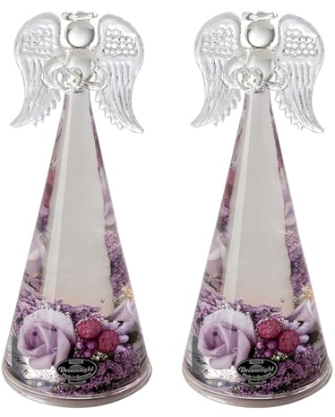 Dreamlight 2tlg Set Traumlicht Dekoengel – Glas Engel Figur Dekofigur Geschenke für Frauen Weihnachten Geburtstag – Glasengel mit Rosen Beeren Höhe 20 cm