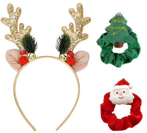SSKHE Lot de bandeaux de Noël renne, 3 pièces bandeaux de cheveux de Noël pour femmes et enfants, chouchou arbre de Noël, élastique queue de cheval Père Noël, accessoires de cheveux de Noël à