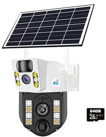 Telecamere di sicurezza, Telecamera IP 4K 8MP a doppia lente, solare, 4G, WiFi, batteria wireless, bassa potenza, rilevamento del movimento PIR, videosorveglianza CCTV esterna per la casa(64GB Card)