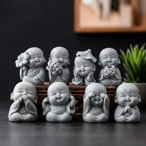Hoteam 8 Pcs Laughing Buddha Statue Small Zen Monk Praying Sandstone Sculptures for Luck Feng Shui Decor Car Dashboard Home Living Room Office Desk Decor