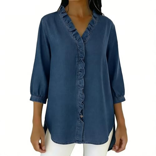 Chemise décontractée en jean à col en V pour femme, manches 3/4, chemises en coton et lin, chemisiers en jean à bord 2026, noir foncé, 3XL