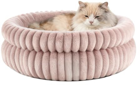 EDMIENS Katzenbett, Waschbar Indoor Katzenbett Flauschig, Rund Katzenkissen, zweiseitig Innenkissen Katzen Bettchen, Katzenkörbchen mit Rutschfester Basis fur Katzen, kleine Hunde (61x61x23cm, Rosa)