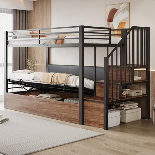 Lexiou 90 x 200 cm, letto a soppalco in ferro morbido schienale imbottito in PU, funzione idraulica, scala di sicurezza, struttura ad alta protezione, letto a castello, letto per ragazzi (nero)