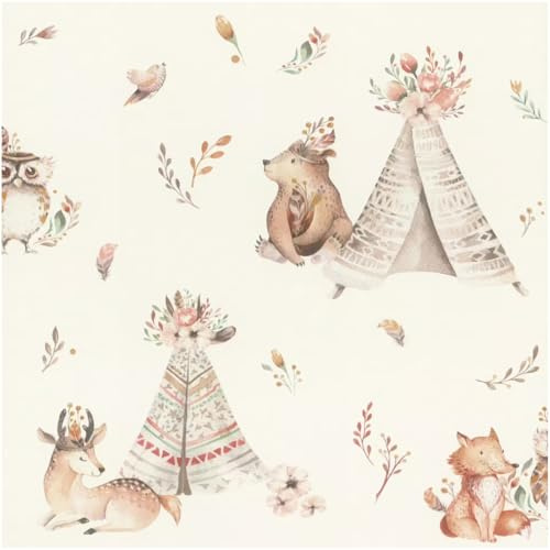 YöL Kids Wallpaper Woodland Animals Teepee Beige Nursery Wallpaper Watercolour Forest Animal Design for Baby Bedroom Playroom Feature Wall Neutral Boho Style Non Woven Wallpaper