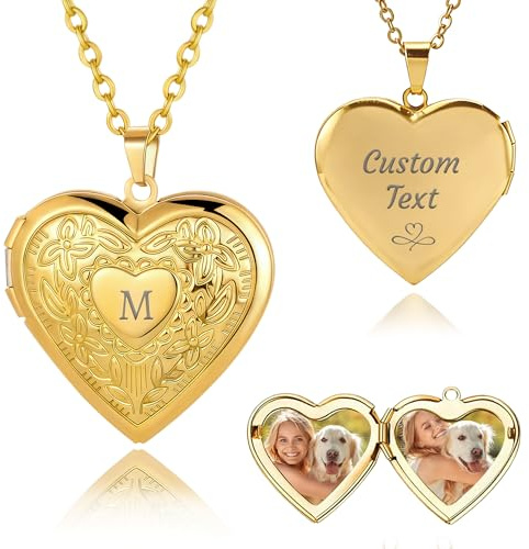 Personalised Heart Locket Necklace with Photo Inside, Custom Engraved Picture Necklace for Women, Personalised Gift for Mum Wife Girlfriend Daughter (Gold 2)