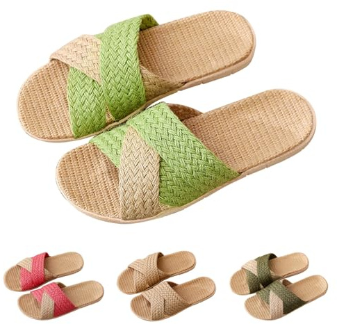 Chanclas de casa de tela para mujer, de verano, elegantes, para la playa, cómodas, antideslizantes, suaves, de verano, ligeras, de lino, para el hogar, planas