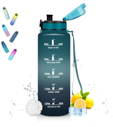 Mujigaga Gourde 1,5l, Gourde Sport avec Filtre, Anti Fuite Bouteille Motivation, Verrou de Sécurité, Avec Marqueur de Temps, Gourdes Graduée pour 1 Journee pour Plein Air, Fitness, Bureau