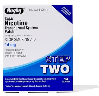 Rugby Clear Nicotine Patches - 14mg Transdermal System Patch - Smoking or Vaping Quitting Aid - Step 2-14 Count (1-Pack)