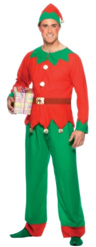 Smiffys Costume d'elfe, Rouge et vert, avec haut, pantalon et bonnet Halloween