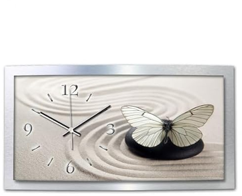 Kreative Feder 3D Designer-Wanduhr Schmetterling in modernem Metallic-Design; leise Funkuhr mit Natur Wellness Entspannung Motiv wahlweise in Zwei Größen (Schmetterling, 80x40cm; leises Funkuhrwerk)