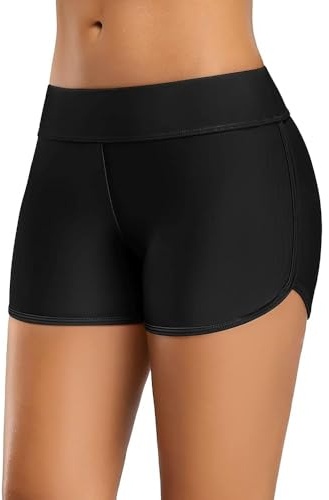 CharmLeaks Women Swim Boardshorts Boyleg Swimming Shorts Bikini Bottoms Black S