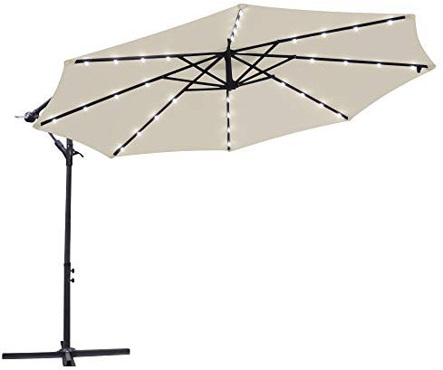 Green Bay Garden Banana Parasol Solar LED Lights 3m Sun Shade Shelter Crank Hanging Rattan Cantilever Outdoor Umbrella Cream