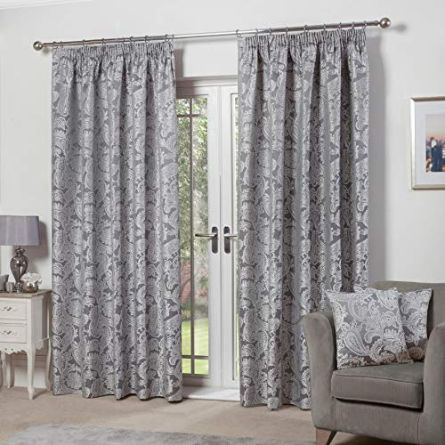 Emma Barclay – Fully Lined Curtains for Bedroom Living Room Jacquard Pencil Pleated Two Panel Paisley Damask Curtains Duchess Collection (66” x 54” Inch)(Silver)