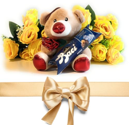Regalo San Valentino e Festa della Donna 2025 - Peluche Orsacchiotto 15 cm + Tubino Baci Perugina 37,5gr + 1 Bouquet Rose Gialle Artificiali