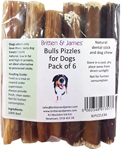 6 Thick Bulls Pizzles for Dogs (12cm) Bully Stick by Britten and James