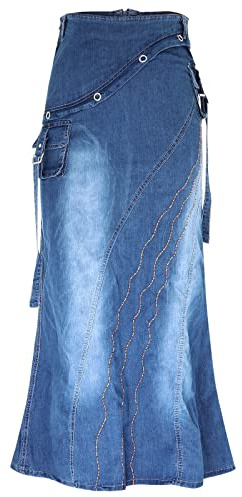 VEMOW Mujer Falda Vaquera con Cremallera Falda Vaquera Larga Maxi para Mujer Denim Muy Elástico, Vestido de Falda de mezclilla con Bolsillo Largo para Mujer(A Azul,L)
