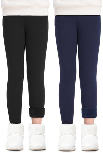 Witwot 2 Pack Girls Fleece Lined Leggings Thermal Winter Trouser Pants 9-10 Years Black - Navy, Tag 150