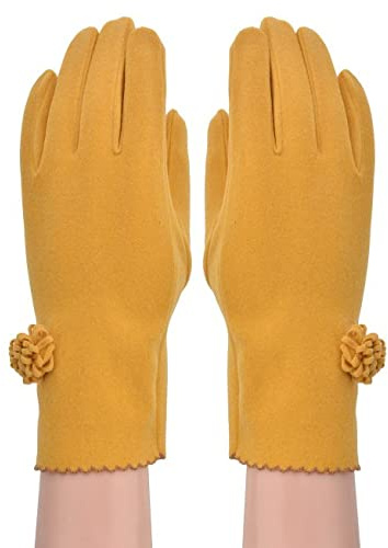 ER Direct Super Soft and warm luxurious Plain Gloves with Beautiful Small Flower. (Mustard)