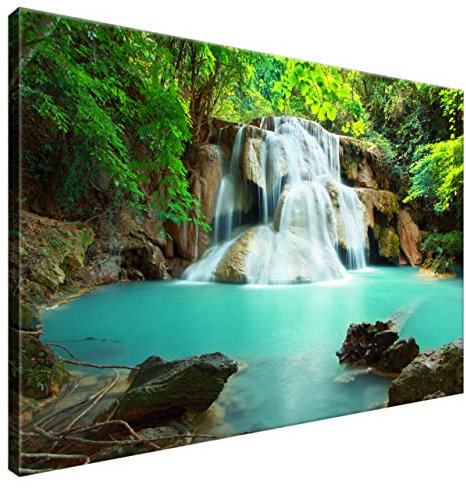 Estika Leinwand bilder - Wasserfall, See, Wald, Baum - 90x60 cm, 1 teilige kunstdruck - Wandbilder wohnzimmer, schlafzimmer, Moderne wanddeko, Bild auf leinwand - Natur bilder - 1969A_1L