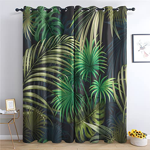 TAKUAN Blätter Vorhänge Tropische Pflanze Verdunklungsvorhänge mit Muster, Vorhang Blickdicht mit Ösen Gardinen Wohnzimmer Schlafzimmer Kinderzimmer Dekoration 2er Set-220 x 140 (H X B)