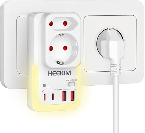 Steckdose mit LED-Nachtlicht, Nachtlight mit 4 USB und 2-Fach Steckdosenadapter Einstellbarer Automatischer Lichtsensor (2 USB-A und 2 USB-C und 2-Fach)