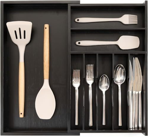 KitchenEdge Organiseur de qualité supérieure pour argenterie, couverts et ustensiles pour tiroirs de cuisine étroits, extensible de 26,7 à 48,3 cm, 9 compartiments de rangement, finition noire de