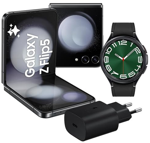 Samsung Galaxy Z Flip5 Smartphone AI Pieghevole, Caricatore Incluso, RAM 8GB, 256GB, Display 3,4 Super AMOLED/6,7 Dynamic AMOLED 2X, Graphite + Galaxy Watch6 Classic 47 mm Smartwatch, Black