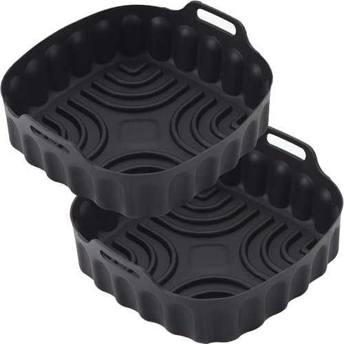 BEITSLEE Silicone Air Fryer Liner Square, 2 Pack 8.46 Inch Silicone Baking Basket/Tray, Reusable Air Fryer Accessorie, Black