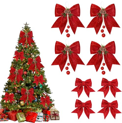 8Pcs Weihnachtsschleifen, Dekoration für Kränze, große Weihnachtsbaumschleife, red Glitter Sequin Bow, Large Christmas Tree Bow, Weihnachtsdekorationsschleifen für Zuhause, Weihnachtsfeier