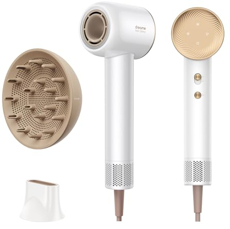 DREAME Hair Glory Combo Haartrockner,Trocknet schnell,110.000 Umdrehungen pro Minute,Luftstrom70m/s,Negativ-Ionen-Technologie,Temperatur-und Luftgeschwindigkeitsregelung,Düse Diffusor,Geräuscharm,Weiß