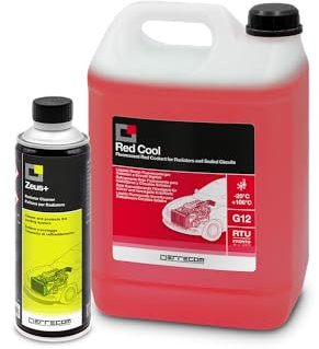 ERRECOM Kit Sostituzione Liquido Radiatore Rosso, contiene Zeus+ Detergente Disincrostante per Radiatore (350 mL) e Red Cool Liquido Radiatore Rosso Fluo -20°C/+106°C Pronto all’Uso antigelo G12 (5 L)